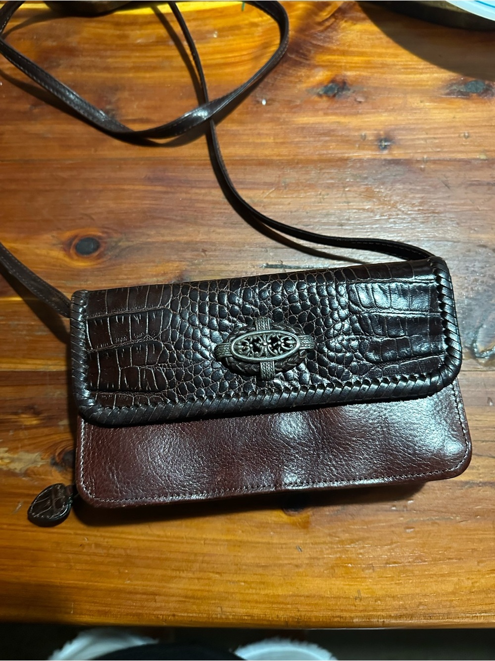 Brighton Dark Brown Leather Crossbody with Alligator-Textured Flap